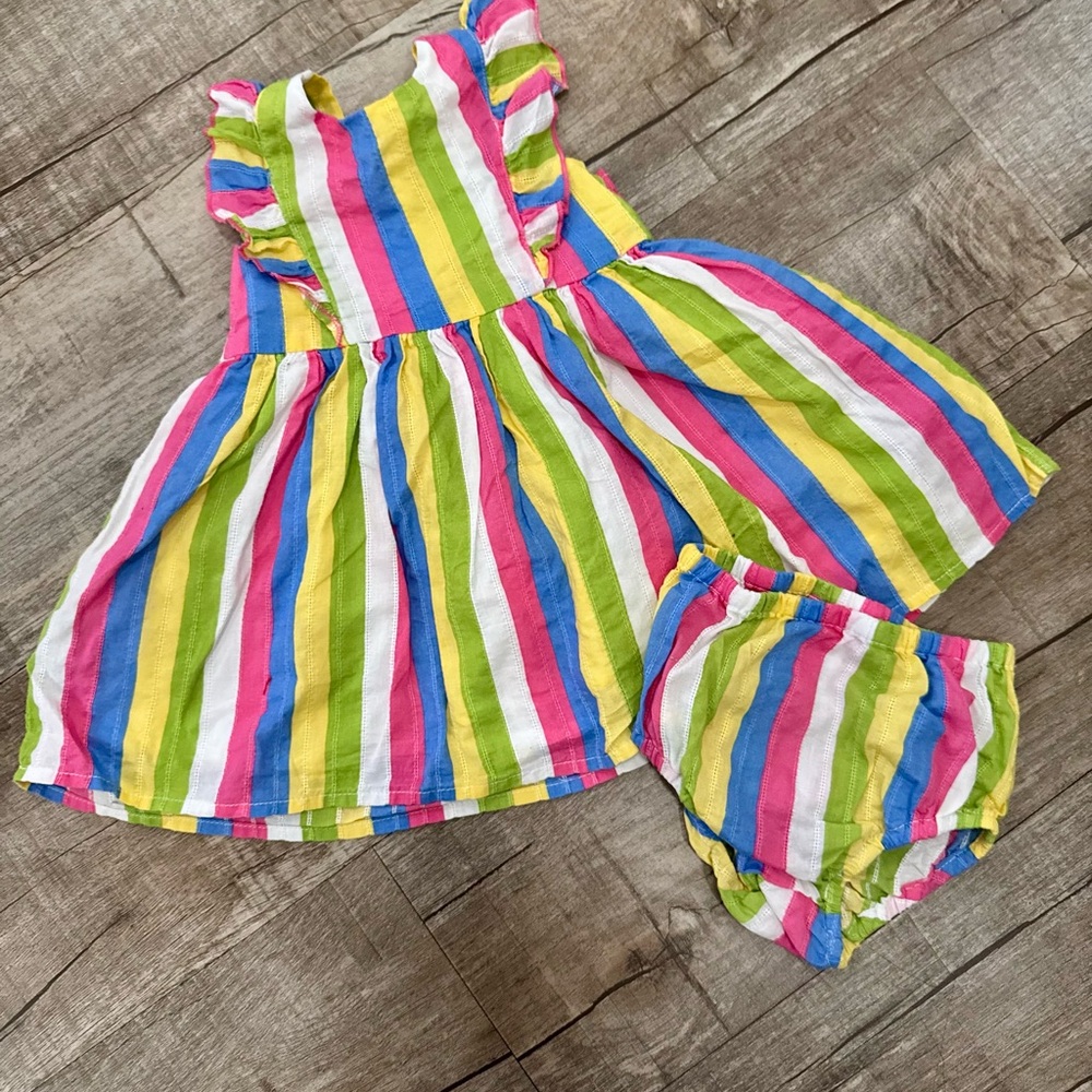Zunie Girl Baby Girls Rainbow Stripe Ruffle Dress and Bloomers Set 12M